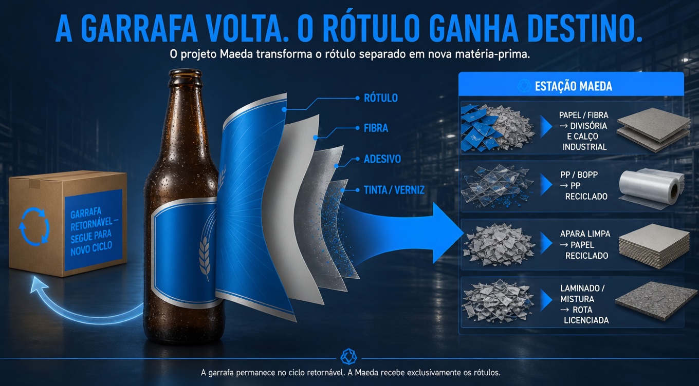 O gerador devolve a garrafa ao ciclo. A Maeda recebe só o rótulo já removido e classifica fibra, polímero, apara e rejeito.