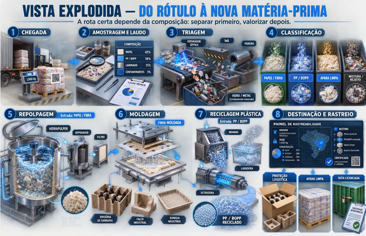 Vista explodida da linha Maeda: oito estações da chegada do lote até divisória, calço, pellet e certificado de destinação.